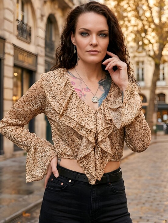 Nasty Gal Tops - Nasty Gal ✦ Snake Print Chiffon Blouse ✦ Flute Sleeve Ruffle Cropped V‑Neck Sz 4